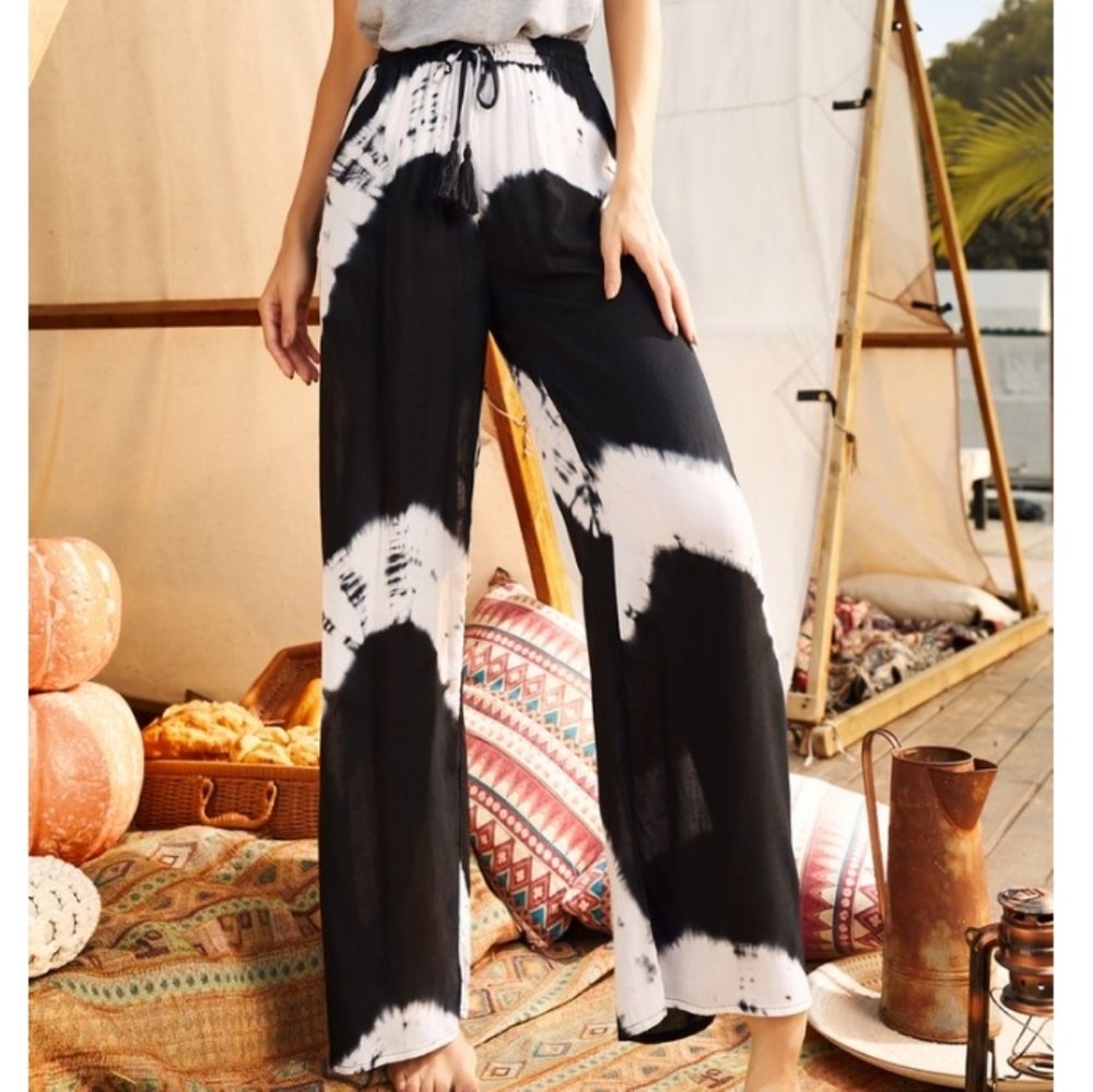 Black & White Tie-Dye Wide-Leg Pants